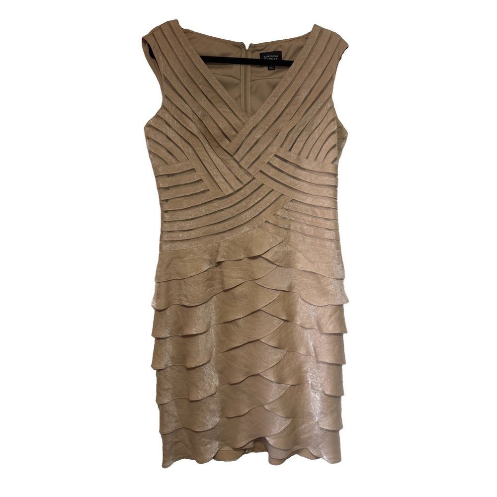 ADRIANNA PAPELL Sleeveless V-Neck Glitter Tiered Champaign Dress Sz 14 Ruffled